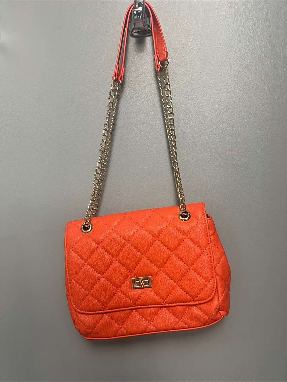 Quilted Orange Chain-Handle Shoulder Bag